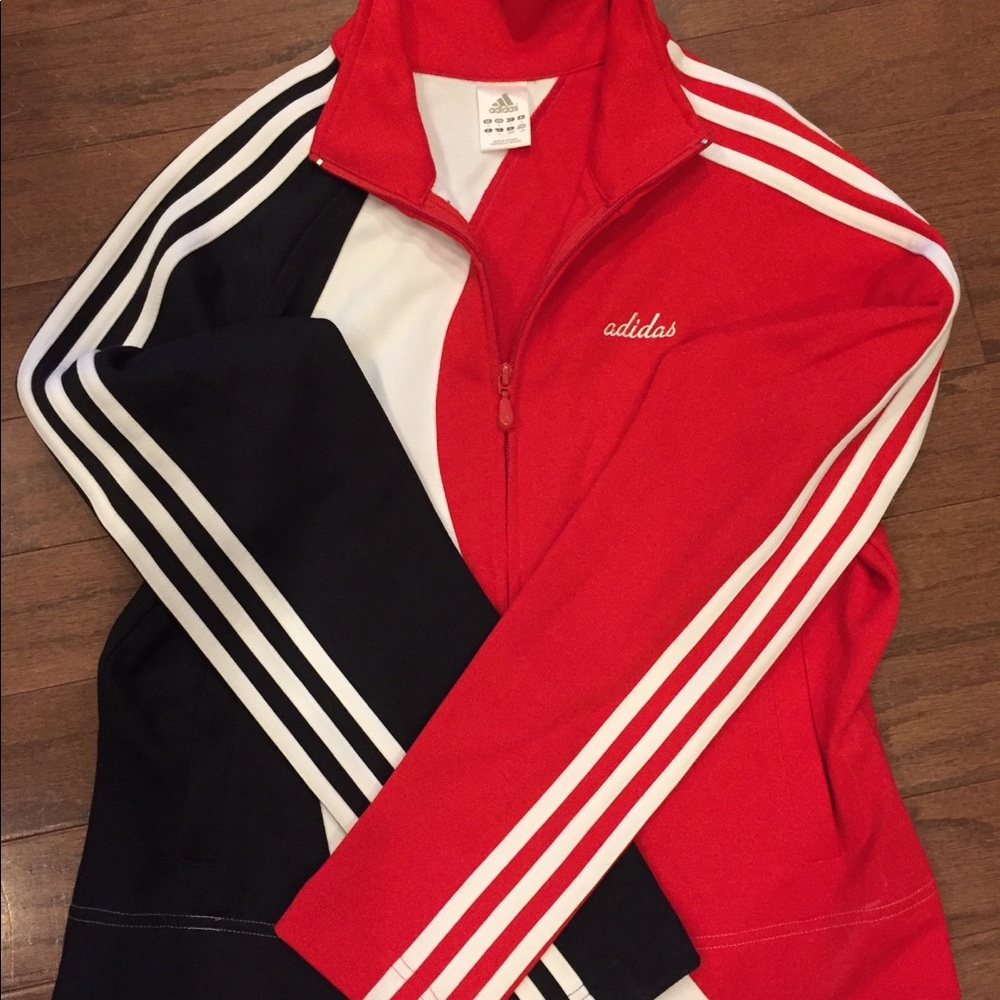 Adidas zip up: red, white, black